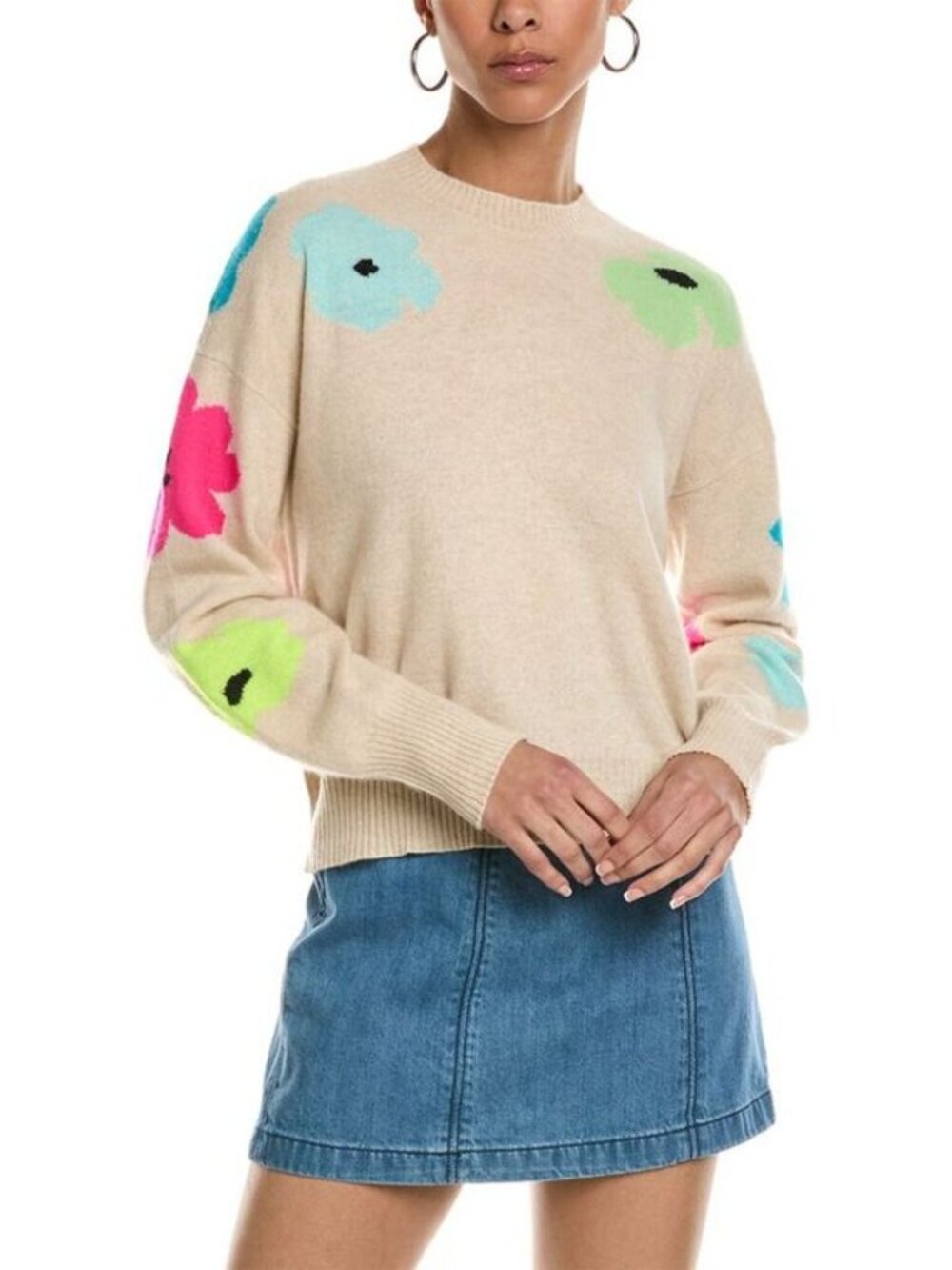$450 Brodie Cashmere Funky Floral Pop Crew Neck Jumper Sweater Size XS